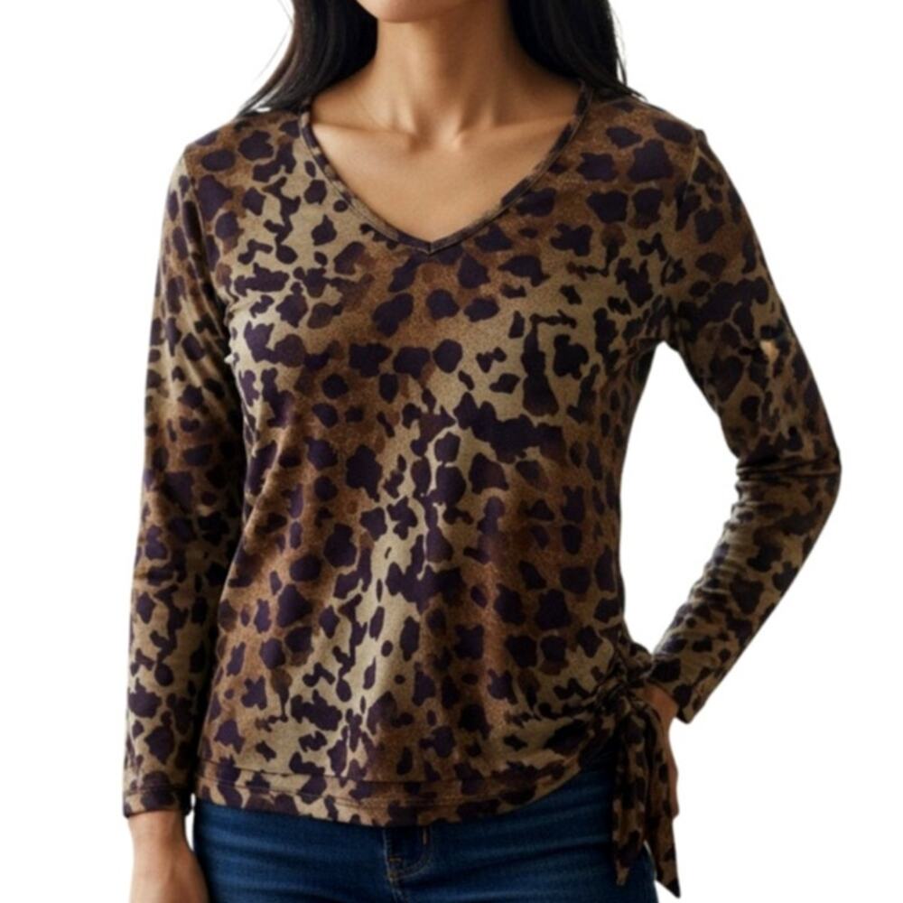 Animal Print Knit Tunic Top Small Brown Neutral Tones 3/4 Sleeve Side Tie